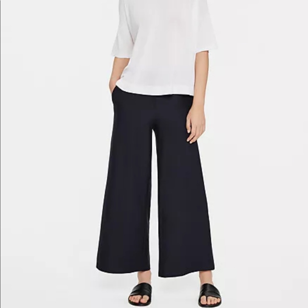 Eileen Fisher wide leg system stretch crepe black ankle pant size 6